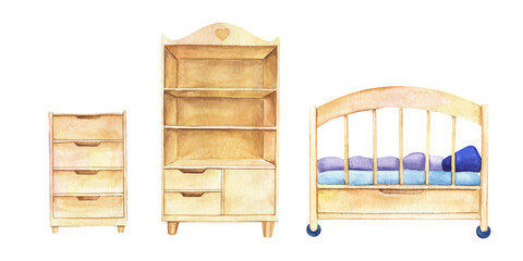 Baby's room old fashioned furniture. Set decorative elements. Cabinet, chest, bed. Hand painted watercolor illustration. Colorful sketchy drawing on white background