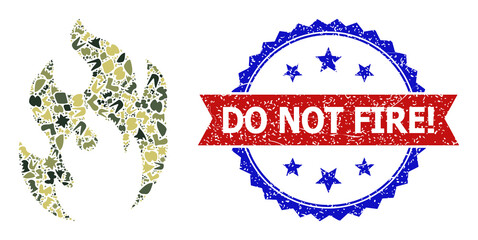 Military camouflage combination of fire flame icon, and bicolor unclean Do Not Fire! seal. Vector seal with Do Not Fire! text inside red ribbon and blue rosette, unclean bicolored style.