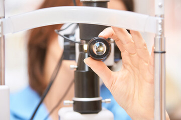 ophthalmologist medical patient. Eye clinic treatment. Hospital optics equipment. Choosing vision...