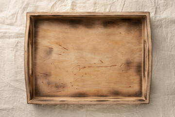 Empty wooden serving box with handles. Farm box made of wooden boards for fruits and vegetables....