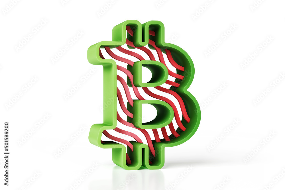 Poster bitcoin sign 3d green and red matte striped icon with an extruded green outline design. high resolut