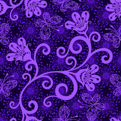 Bright purple seamless vintage floral pattern with lace butterflies. Vector eps 10