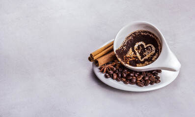 Cup with coffee grounds and heart. Love prediction