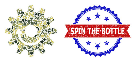 Military camouflage composition of gear wheel rotation icon, and bicolor textured Spin the Bottle seal stamp. Vector seal with Spin the Bottle caption inside red ribbon and blue rosette,