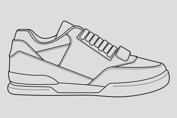 Shoes sneaker outline drawing vector, Sneakers drawn in a sketch style, black line sneaker trainers template outline, vector Illustration.
