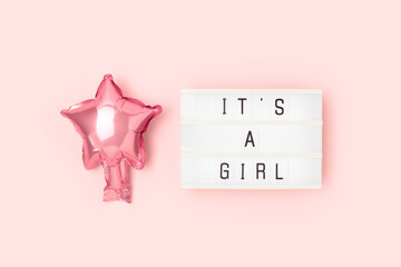 Its a girl - quote. Pink star foil balloon and lightbox.
