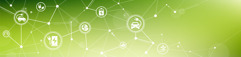 E-car vector illustration. Green concept with icons related to electric / hybrid car or vehicle, electromobility or sustainable mobility, charging station for battery, eco transport, electric engine.