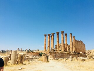 Ancient ruins, Greek, Jordan archeology, blue sky, historic building