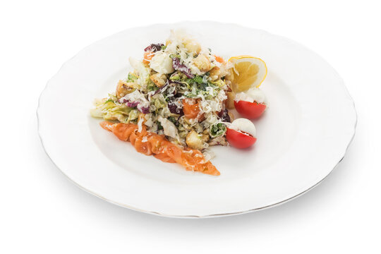 Salad with red fish Ukrainian cuisine. Photo of food on a white background
