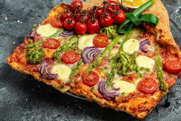 Pie with fresh asparagus, sweet peas, mozzarella and cherry tomatoes. Vegan food recipe background. vertical image. top view