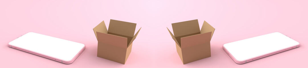 3D rendering of Smartphone white screen surrounded by of cardboard box and The box is opening. Concept of money, Business on mobile, concept Online delivery, isolated on pink background.v