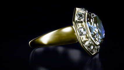 golden ring with blue topaz or diamond gem stone, isolated, fictional design - object 3D rendering