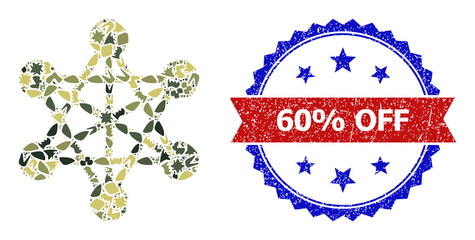 Military camouflage composition of network links icon, and bicolor unclean 60% Off seal stamp. Vector imprint with 60% Off caption inside red ribbon and blue rosette, scratched bicolored style.