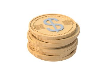 Heap of coins with dollar symbol isolated on white background. 3d render