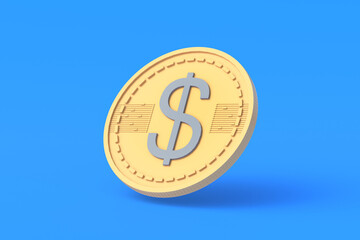 Coin with dollar symbol on blue background. Financial indicators. Cheap loans. Profitable proposition. Conditions of employment. Big discounts. Donation amount. 3d render