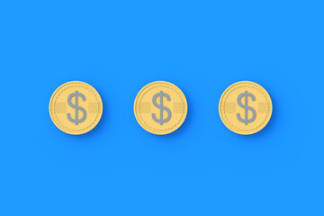 Three coins with dollar symbol on blue background. Financial indicators. Cheap loans. Profitable proposition. Conditions of employment. Big discounts. Donation amount. Top view. 3d render