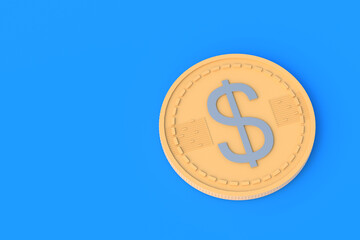 Coin with dollar symbol on blue background. Financial indicators. Cheap loans. Profitable proposition. Conditions of employment. Big discounts. Donation amount. Copy space. 3d render
