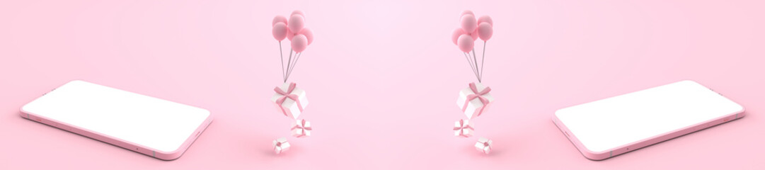3D rendering of Smartphone white screen surrounded by White boxes floating by pink balloons. Concept of shopping on a mobile phone and Can fill the content on the white phone screen on pink background