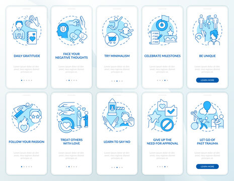 Trends of self-love and acceptance blue onboarding mobile app screen set. Walkthrough 5 steps graphic instructions pages with linear concepts. UI, UX, GUI template. Myriad Pro-Bold, Regular fonts used
