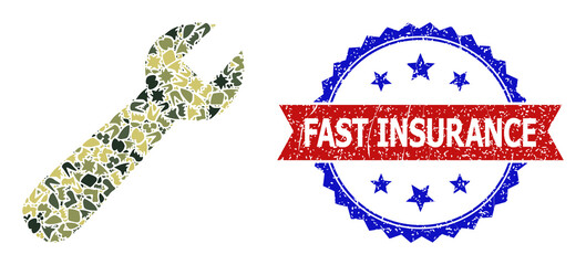 Military camouflage composition of wrench icon, and bicolor textured Fast Insurance seal stamp. Vector seal with Fast Insurance caption inside red ribbon and blue rosette, distress bicolored style.
