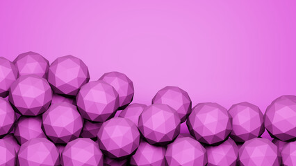 Purple faceted balls lie on top of each other on a pink background. The place for the text is at the top.