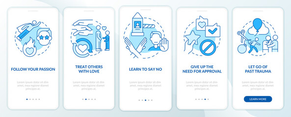 Self care daily activities blue onboarding mobile app screen. Walkthrough 5 steps graphic instructions pages with linear concepts. UI, UX, GUI template. Myriad Pro-Bold, Regular fonts used
