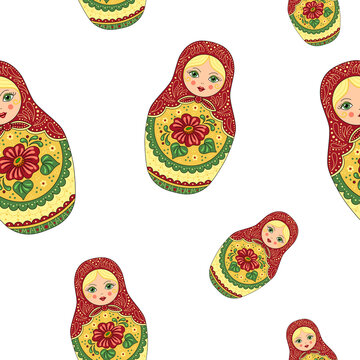 seamless pattern with nesting dolls. Traditional Russian wooden nesting doll with painted flowers.  Cute wooden Russian doll - Matrioshka.