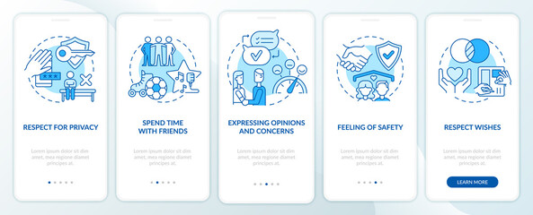 Fototapeta na wymiar Building healthy relationships blue onboarding mobile app screen. Respect walkthrough 5 steps graphic instructions pages with linear concepts. UI, UX, GUI template. Myriad Pro-Bold, Regular fonts used