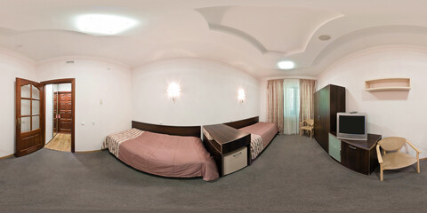 seamless 360 panorama in interior of bedroom of cheap hostel,  flat or apartments with chairs and table in equirectangular projection with zenith and nadir. VR AR content