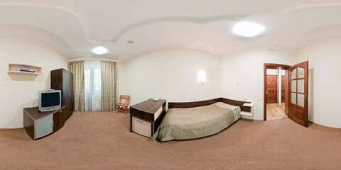 seamless 360 panorama in interior of bedroom of cheap hostel,  flat or apartments with chairs and table in equirectangular projection with zenith and nadir. VR AR content
