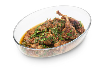 Chicken in the oven baked Ukrainian cuisine. Photo of food on a white background