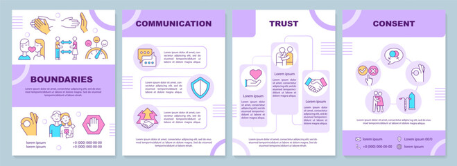 Positive healthy relationships purple brochure template. Trust, consent. Leaflet design with linear icons. 4 vector layouts for presentation, annual reports. Arial-Black, Myriad Pro-Regular fonts used