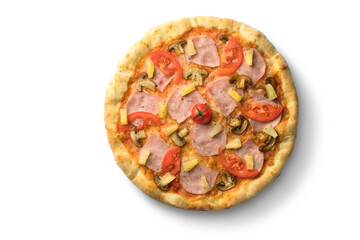 Pizza with tomatoes and meat, Ukrainian cuisine. Photo of food on a white background