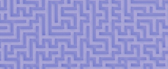 Winding stone labyrinth. Blue empty puzzle with 3d render white sand and geometric puzzles. Strategy of choice and solution of complicated problems in life
