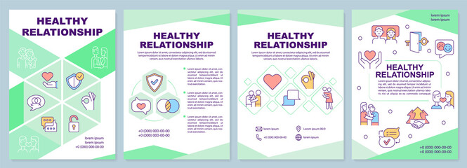 Fototapeta na wymiar Healthy relationship green brochure template. Communicate with partner. Leaflet design with linear icons. 4 vector layouts for presentation, annual reports. Arial-Black, Myriad Pro-Regular fonts used