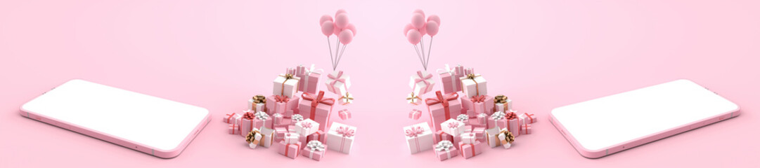 3D rendering of Smartphone white screen surrounded by boxes floating by pink balloons. Concept of shopping on a mobile phone and Can fill the content on the white phone screen on pink background
