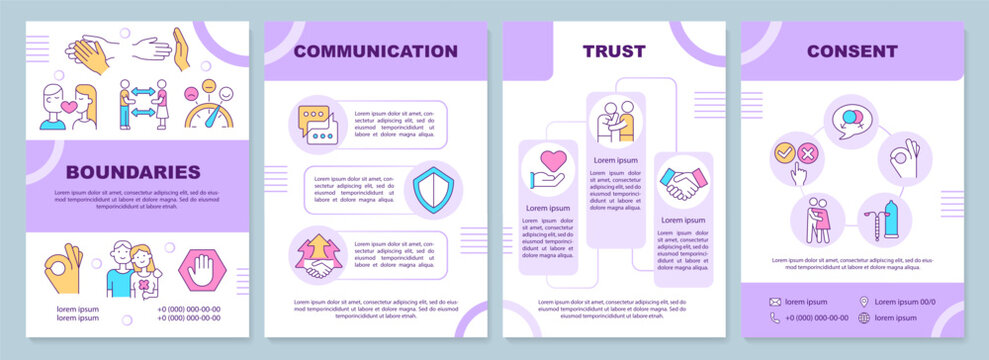 Positive healthy relationships purple brochure template. Trust, consent. Leaflet design with linear icons. 4 vector layouts for presentation, annual reports. Arial-Black, Myriad Pro-Regular fonts used