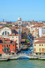 View from cruise ship departing Venice along the Giudecca Canal passing colourful waterside building in the Canal Rio de la Salute, from Fondamenta Zattere Al Saloni, Venice, Italy
