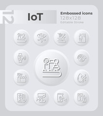 Internet of things embossed icons set. Smart home systems. Neumorphism effect. Isolated vector illustrations. Minimalist button design collection. Editable stroke. Montserrat Bold, Light fonts used