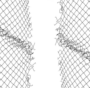 Opening in metallic fence isolated on white background. Challenge. uncertainty. breakthrough concept. metaphor. Chain-link, wire netting, wire-mesh, cyclone hurricane fence