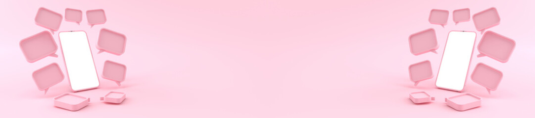 3D rendering. Pink Smartphone white screen Surrounded by a Many pink chat symbols. Smartphone white screen can be used for commercial advertising, on the pink background, illustration.