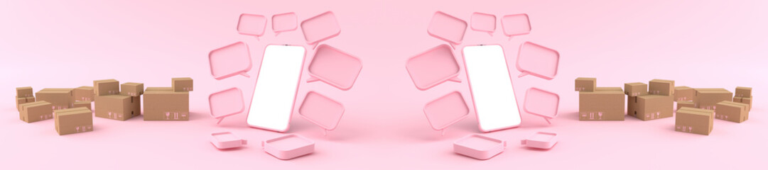 3D rendering of Smartphone white screen surrounded by variety of cardboard box and boxes of various sizes. Concept of money, Business on mobile, concept Online delivery, isolated on pink background.