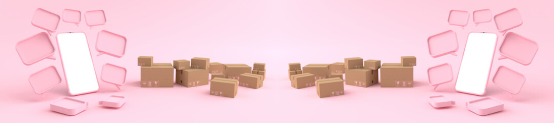 3D rendering of Smartphone white screen surrounded by variety of cardboard box and boxes of various sizes. Concept of money, Business on mobile, concept Online delivery, isolated on pink background.