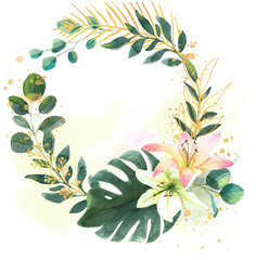 Tropical wreath| Boho tropical wreath| watercolor frame| monstera and lilies wreath