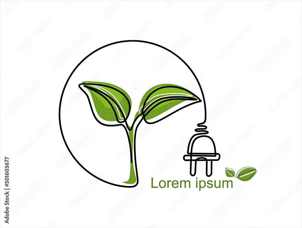 Poster sprout and plug like a plant in one line drawing. save energy concept in minimalistic style. can use