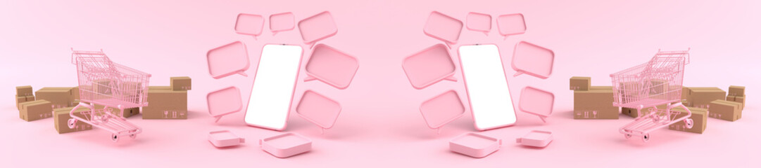 3D rendering of mockup pink Smartphone white screen surrounded by shopping cart. Concept of shopping on mobile phone and Can fill the content on the white phone screen isolated on the pink background.