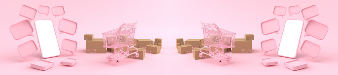 3D rendering of mockup pink Smartphone white screen surrounded by shopping cart. Concept of shopping on mobile phone and Can fill the content on the white phone screen isolated on the pink background.