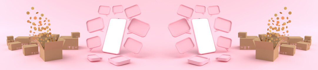 3D rendering of Smartphone white screen surrounded by cardboard box with Many money are floating. Concept of money, Business on a mobile phone and concept money, Business isolated on pink background.