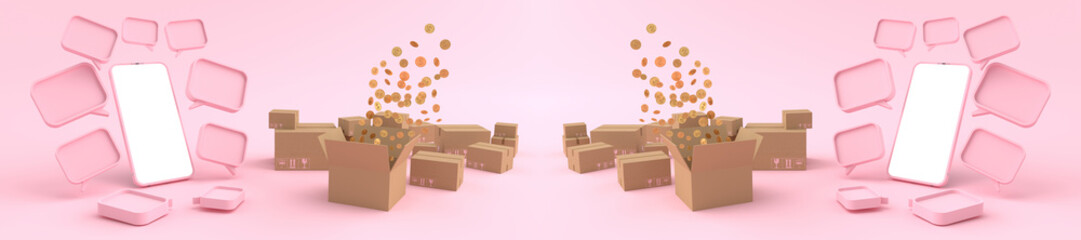 3D rendering of Smartphone white screen surrounded by cardboard box with Many money are floating. Concept of money, Business on a mobile phone and concept money, Business isolated on pink background.