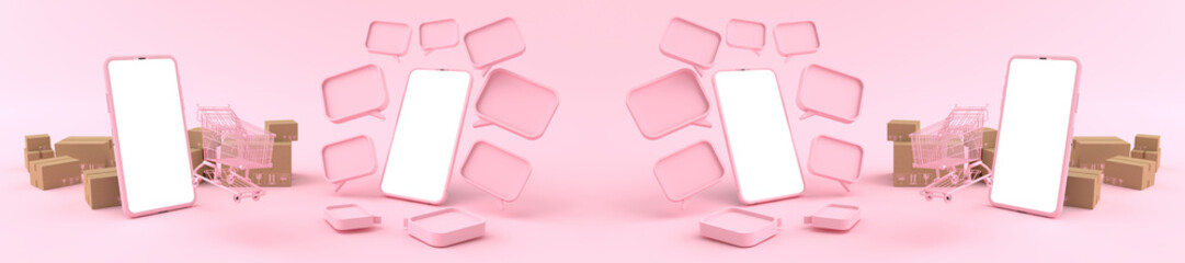 3D rendering of mockup pink Smartphone white screen surrounded by shopping cart. Concept of shopping on mobile phone and Can fill the content on the white phone screen isolated on the pink background.